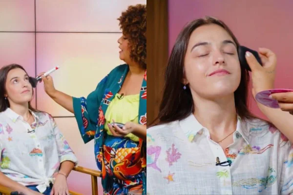 montagem colorida com fotos de maquiadora