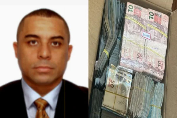 Homem pardo, sem barba e cabelo curto, veste terno e gravata (à esquerda). À direita, maços de dinheiro - Metrópoles