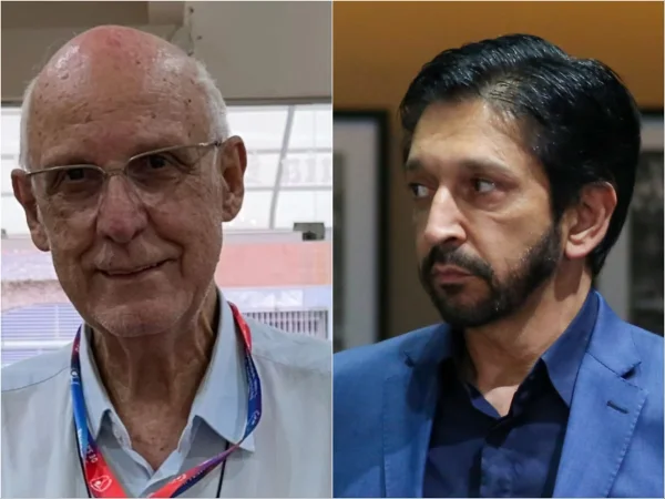 Imagem colorida mostra montagem com as fotos do padre Júlio e o prefeito Ricardo Nunes