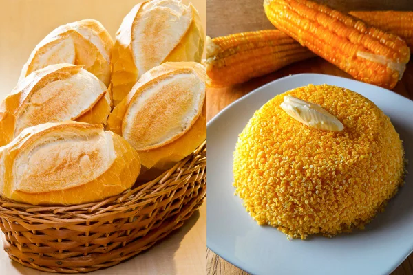 imagem colorida d eum pão de sal e de cuscuz nordestino