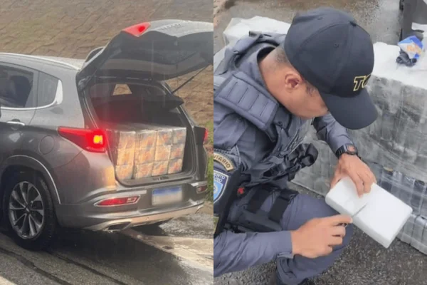 Colagem colorida de policiais apreendendo cocaína em carro no interior - Metrópoles