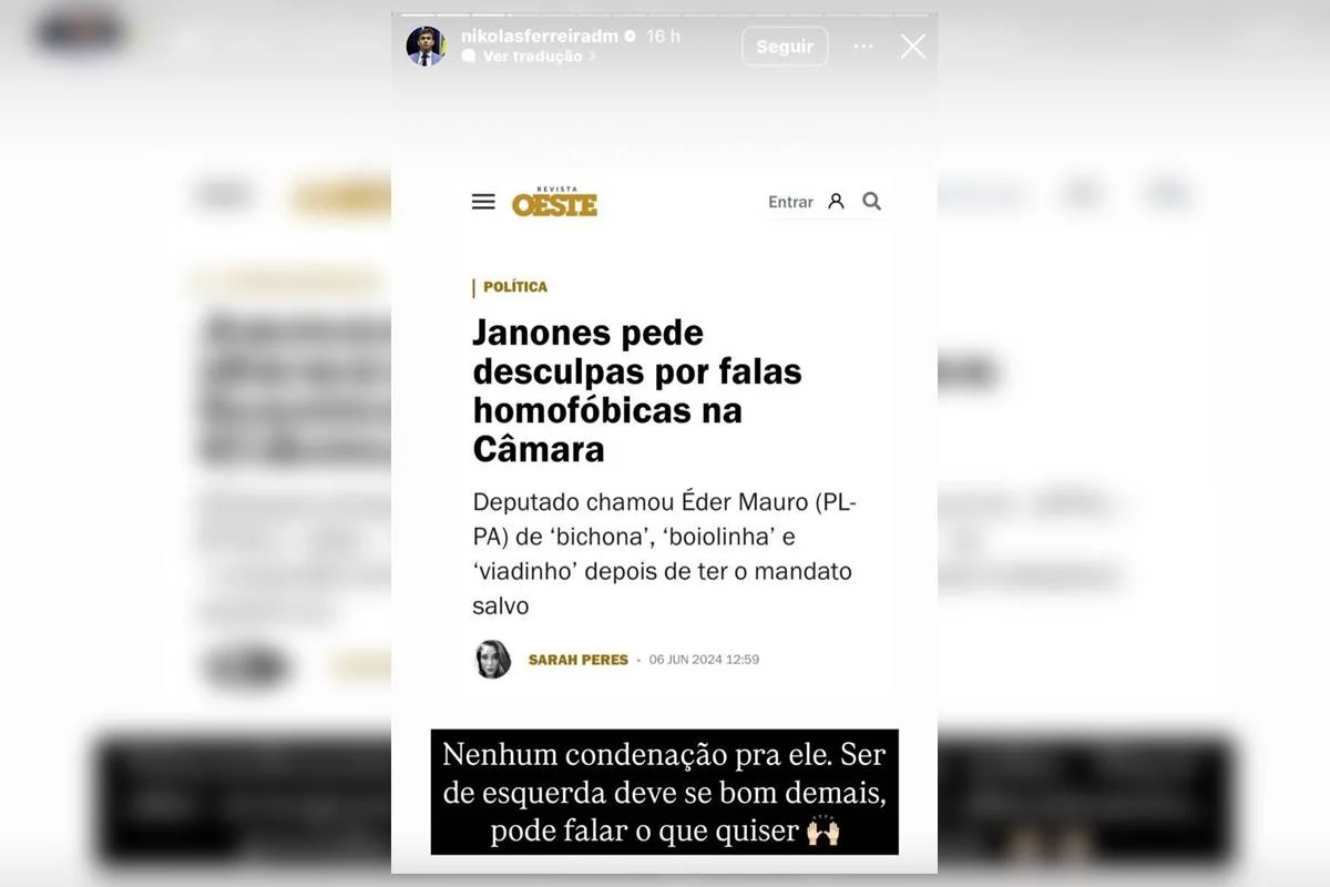 Reação de Nikolas Ferreira após sentença condená-lo a pagar R$ 200 mil em indenização por dano moral coletivo por fala considerada transfóbica Reação de Nikolas Ferreira após sentença condená-lo a pagar R$ 200 mil em indenização por dano moral coletivo por fala considerada transfóbica
