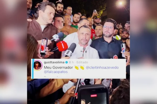 Montagem de Gusttavo Lima mandando mensagem para Cleitinho Azevedo