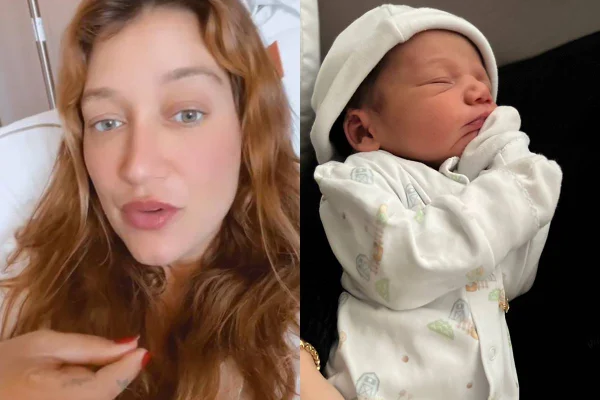 montagem com uma foto de gabriela pugliesi, mulher branca e loira de olhos claros, ao lado de foto do filho dela, um bebe branco em macacão e touca brancos