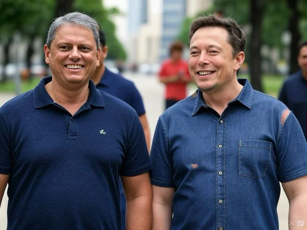 Imagem colorida gerada por inteligência artificial mostra Tarcísio de Freitas andando pelo centro de SP ao lado do bilionário Elon Musk - Metrópoles