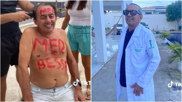 Colagem do idoso aprovado em medicina. Na primeira foto ele está sem camisa com "MED Bessa" escrito e raspando a cabeça, já na segunda ele está vestindo um jaleco - Metrópoles