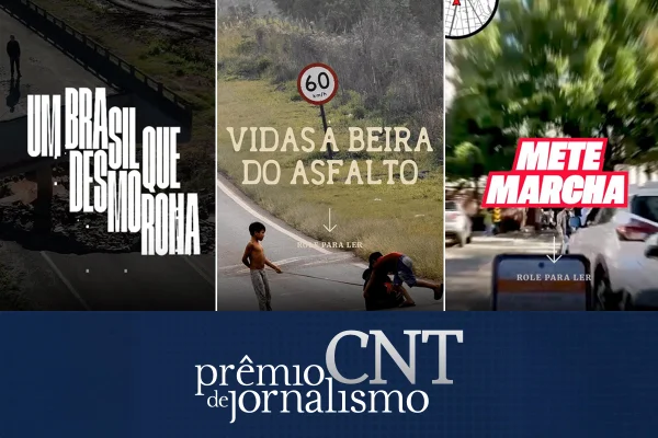 Ilustração mostra a capa de três reportagens multimídia do Metrópoles que concorrem ao prêmio CNT de jornalismo