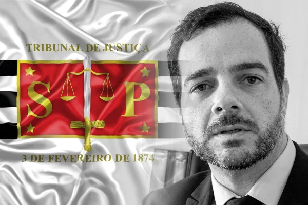 Imagem colorida de juiz com o logo do TJSP. Metrópoles