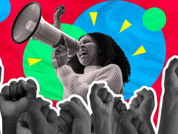 Montagem com fotos coloridas de mulher preta com megafone e punhos cirrados para o alto - Metrópoles