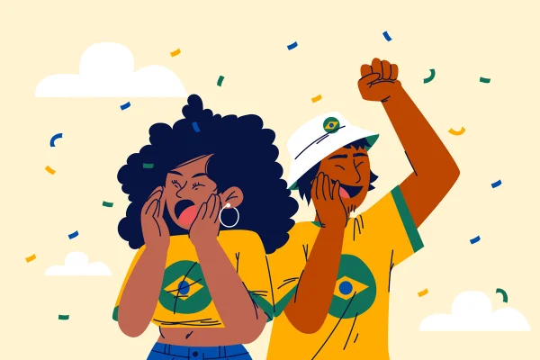 Ilustração mostra homem e mulher, vestidos com camiseta do Brasil, torcendo - Metrópoles