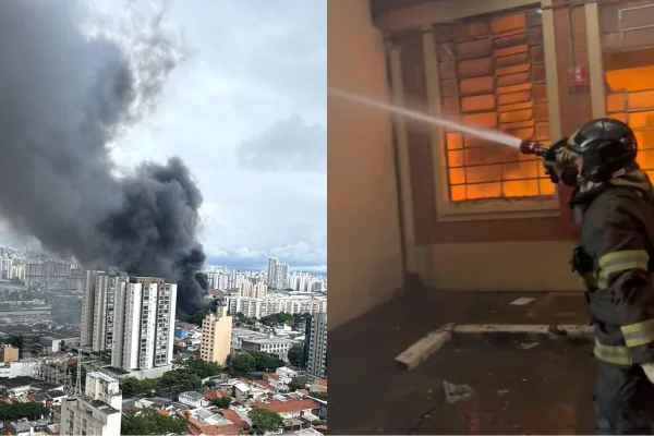 Imagem colorida mostra incêndio em loja de flores artificiais na Mooca. Metrópoles