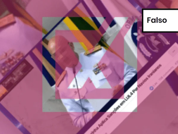 Montagem colorida mostra post que espalha informação falsa, afirmando que "general" da Marinha teria aplicado sanções ao presidente Lula após governo autorizar atraque de navios iranianos