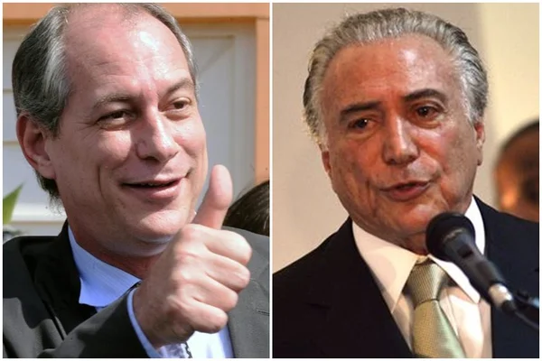 Na montagem, duas fotos são justapostas. Ao lado esquerdo, Ciro Gomes aparece dando um "joia" com a mão, sorrindo e de terno, em área externa. Do lado direito, o ex-presidente Michel Temer fala, também usando terno, no microfone - Metrópoles