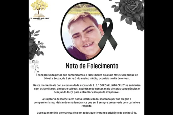 Imagem colorida de uma nota de falecimento estudante encontrado morto em uma represa de Avaré - Metrópoles