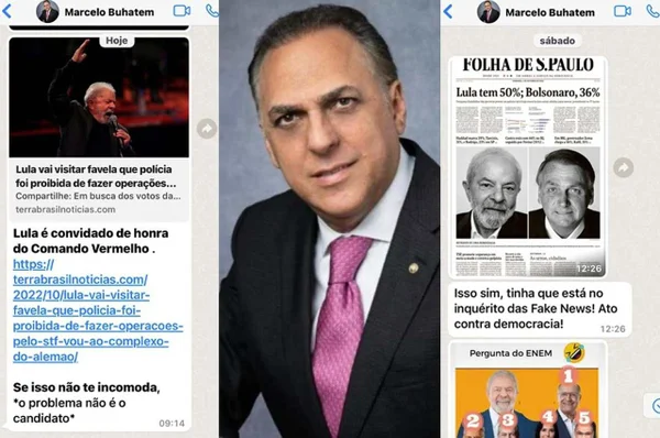 Desembargar Marcelo Buhatem, do TJ-RJ, espalha fake news sobre Lula em seu WhatsApp. Nas três imagens justapostas, aparecem prints das notícias falsas ladeando a foto do desembargador - Metrópoles