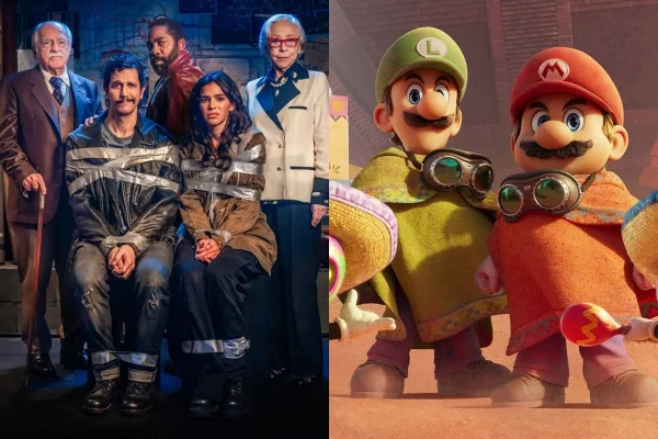 Montagem de imagens mostra cenas dos filmes Velhos Bandidos (à esquerda) e Super Mario Galaxy (à direita) - Metrópoles