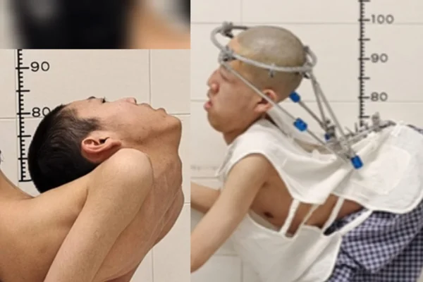 Foto mostra menino chinês com a coluna dobrada, Jiang Yanchen, que teve espondilite anquilosante em alto grau