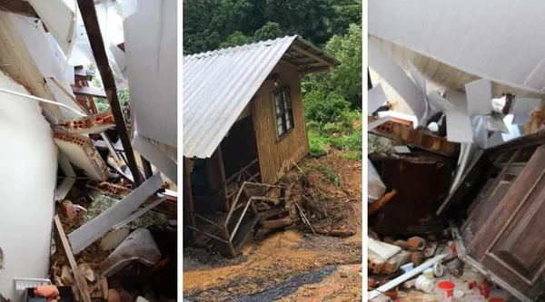 Imagens justapostas de pousada destruída após deslizamento de terra em Santa Catarina - Metrópoles