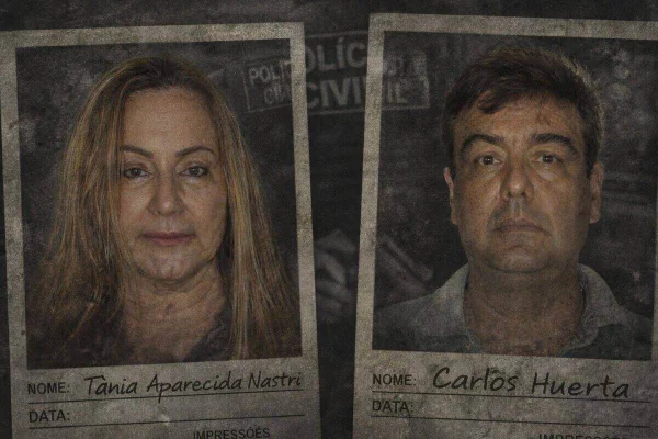 Arte gráfica com retrato de mulher a esquerda e homem a direita, como em fichas policais, em ambiente sujo e degradado - Metrópoles