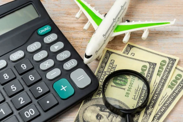 viagem: avião dinheiro e calculadora sobre a mesa