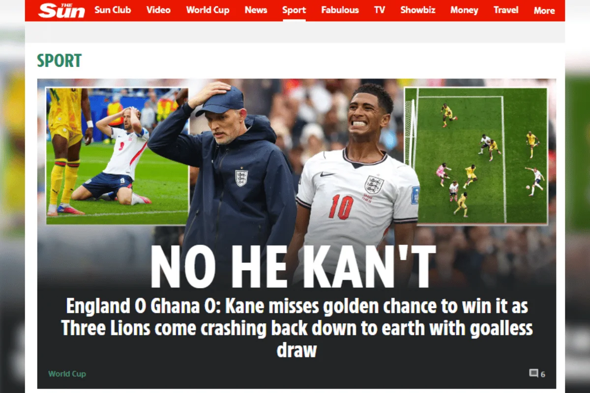 Jornal inglês The Sun após empate da Inglaterra na Copa do Mundo Jornal inglês The Sun após empate da Inglaterra na Copa do Mundo