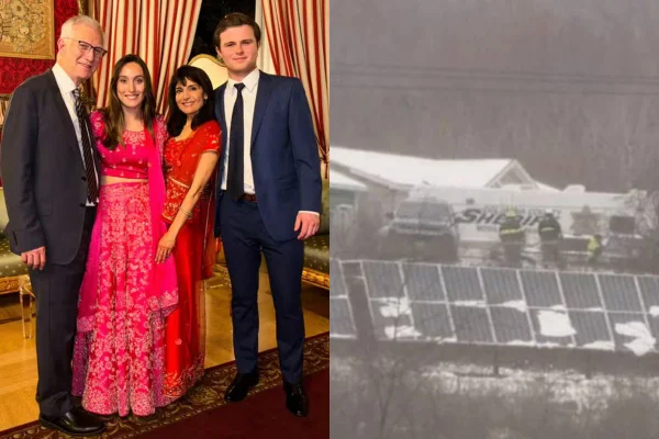 Montagem com foto colorida família que morreu em queda de avião de pequeno porte em NY e destroços da aeronave - Metrópoles