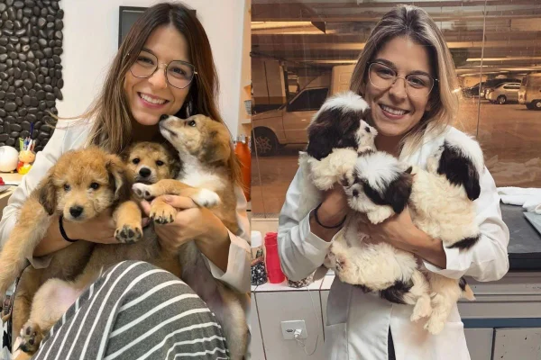 Imagem colorida de veterinária abraçando filhotes de cachorro