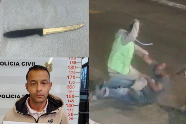 Montagem com, a direita, homem de roupa verde limão sobre outro, caído em rua, se preparando para ataque com faca; esquerda superior, faca com cabo preto, inferior, homem branco, sem barba e cabelo curto - Metrópoles