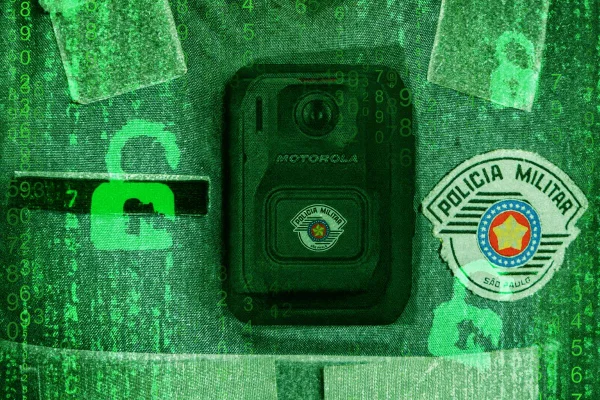 Arte em tom verde mostra câmera corporal da PM