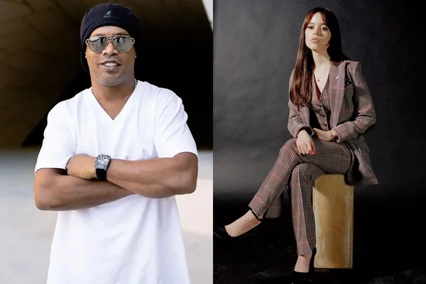 Foto com montagens de Jenna Ortega e Ronaldinho Gaúcho