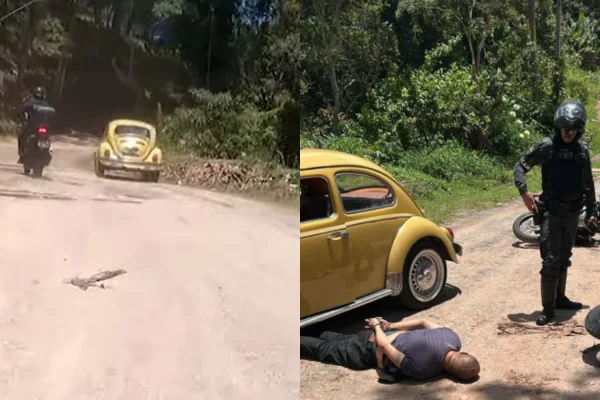 Imagem colorida de montagem com um fusca amarelo e um homem preso. Metrópoles