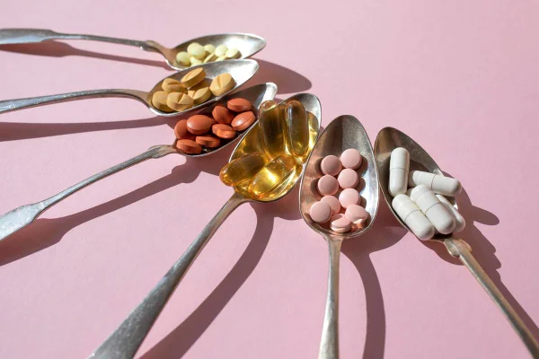 Foto colorida - Seis colherem com diferentes comprimidos de suplementos