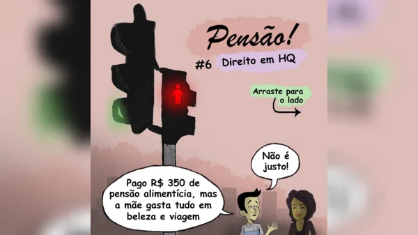 Imagem colorida contendo desenhos de duas pessoas, balões de conversa e um sinal de trânsito
