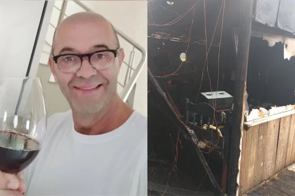 Imagem colorida de homem-bomba e casa incendiada em SC - Metrópoles
