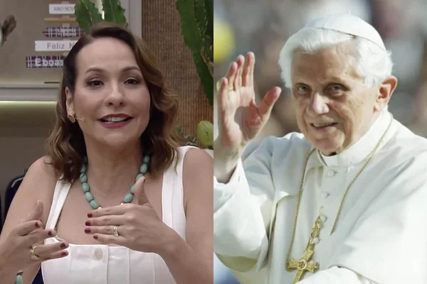 À esquerda, Maria Beltrão; à direita, o papa emérito Bento XVI - Metrópoles