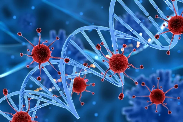 Renderização 3D de células virais atacando uma fita de DNA. Metrópoles