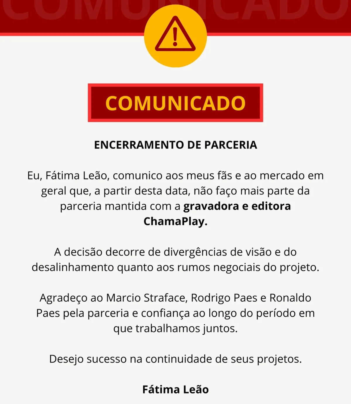 Fátima Leão anuncia rompimento de contrato com gravadora Fátima Leão anuncia rompimento de contrato com gravadora