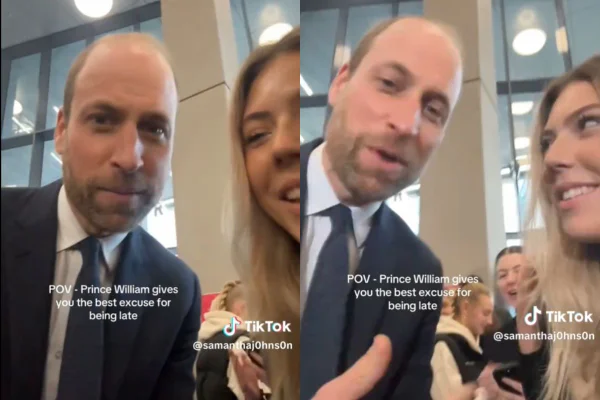 Foto colorida -Príncipe William com estudante da Universidade de Ulster, no Reino Unido