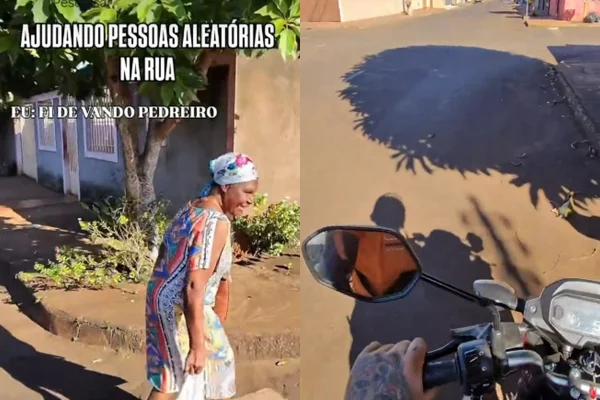 Imagem colorida mostra Motociclista ajudando idosa com sacolas - Metrópoles