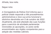 E-mail enviado pela SSP ao Metrópoles corrigindo informação sobre arma funcional e distintivo do deputado Paulo Bilynkyj (PL-SP)