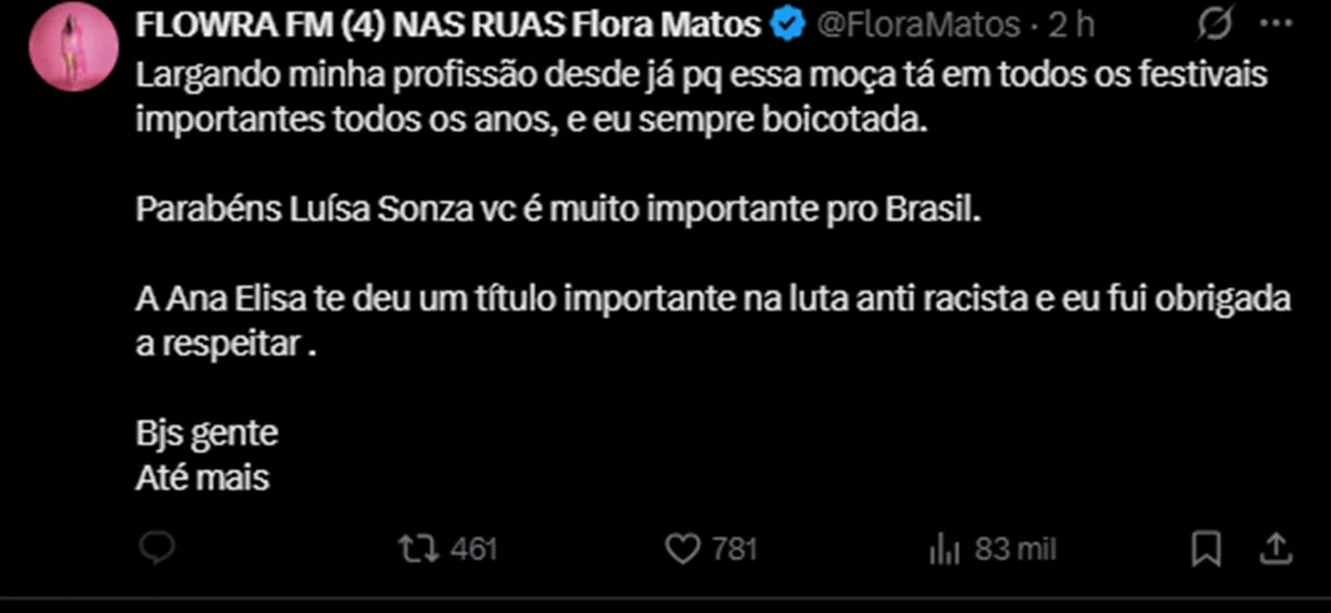 Flora Matos diz que vai desistir da carreira após Luísa Sonza ser apontada como "exemplo da luta antirracista" por Ana Elisa Flora Matos diz que vai desistir da carreira após Luísa Sonza ser apontada como "exemplo da luta antirracista" por Ana Elisa