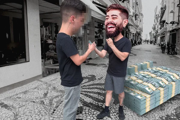 imagem colorida. Influencer dando dinheiro para seguidor