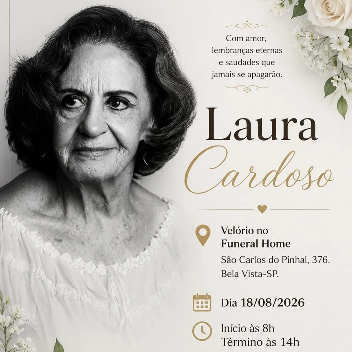 O velório de Laura Cardoso será realizado nesta terça-feira (18/8) O velório de Laura Cardoso será realizado nesta terça-feira (18/8)
