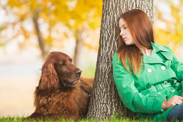 Cachorro e mulher debaixo de uma arvore
