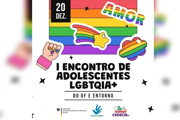 Cartaz do I Encontro de adolescentes LGBTQIA+ do Distrito Federal e entorno que usa das cores do arco-íris - Metrópoles