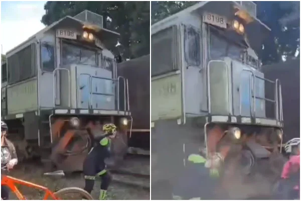 Imagem colorida mostra momento em que ciclista é atingida por trem - Metrópoles