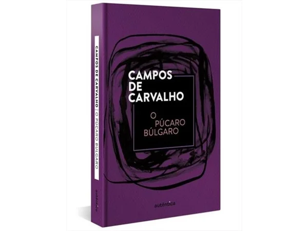 Capa do livro Púcaro Búlgaro, de Campos de Carvalho. Ela é roxa com um desenho preto