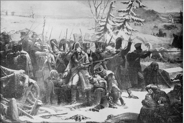 Pintura em preto e branco de Napoleão Bonaparte e soldados durantre guerra na Rússia - Metrópoles