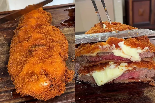 Montagem com imagens de carne empanada