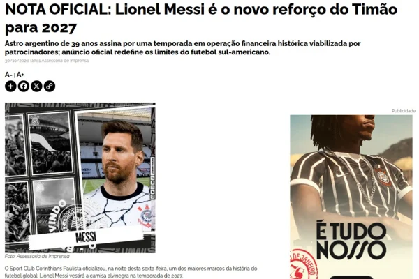“Messi no Corinthians”: clube paulista tira site do ar após ataque hacker